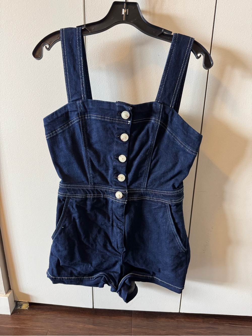 Maeve Dark Indigo Denim Romper with Front Buttons